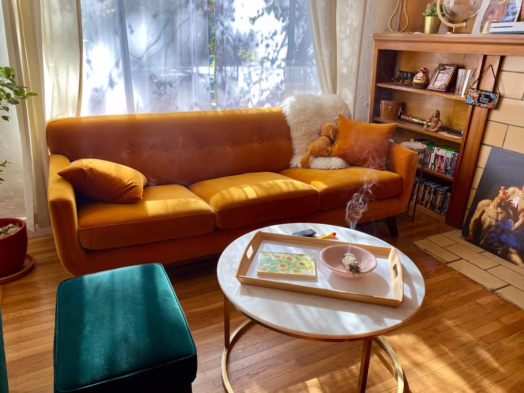 Comfortable living area with a plush sofa, perfect for reading and relaxation.