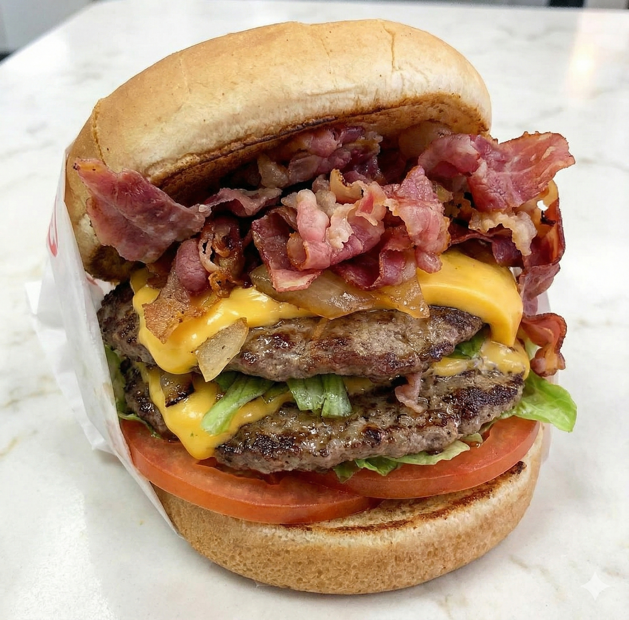 A classic hamburger with a thick patty, fresh lettuce, tomato, onion, and pickles, on a toasted bun.