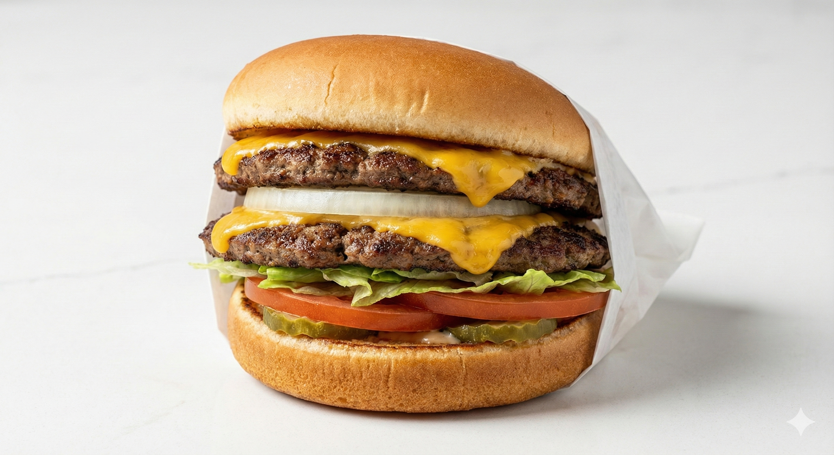 A mouth-watering cheeseburger with melted yellow cheese, fresh vegetables, and a grilled patty.