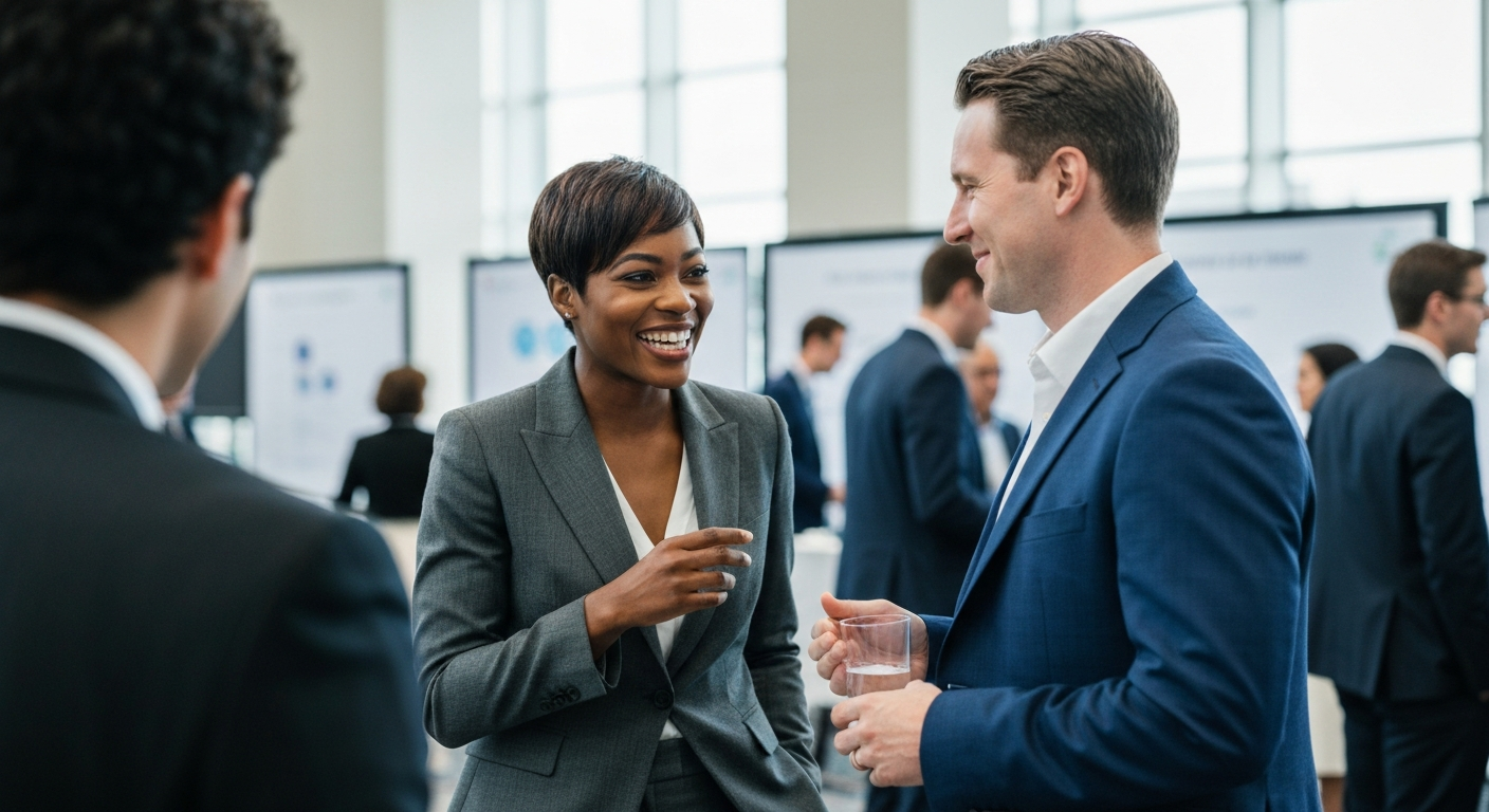 A Black woman in a grey suit laughs while talking to a white man in a blue suit holding a glass of water, at a professional networking event. Other people in business attire and display boards are blurred in the background.