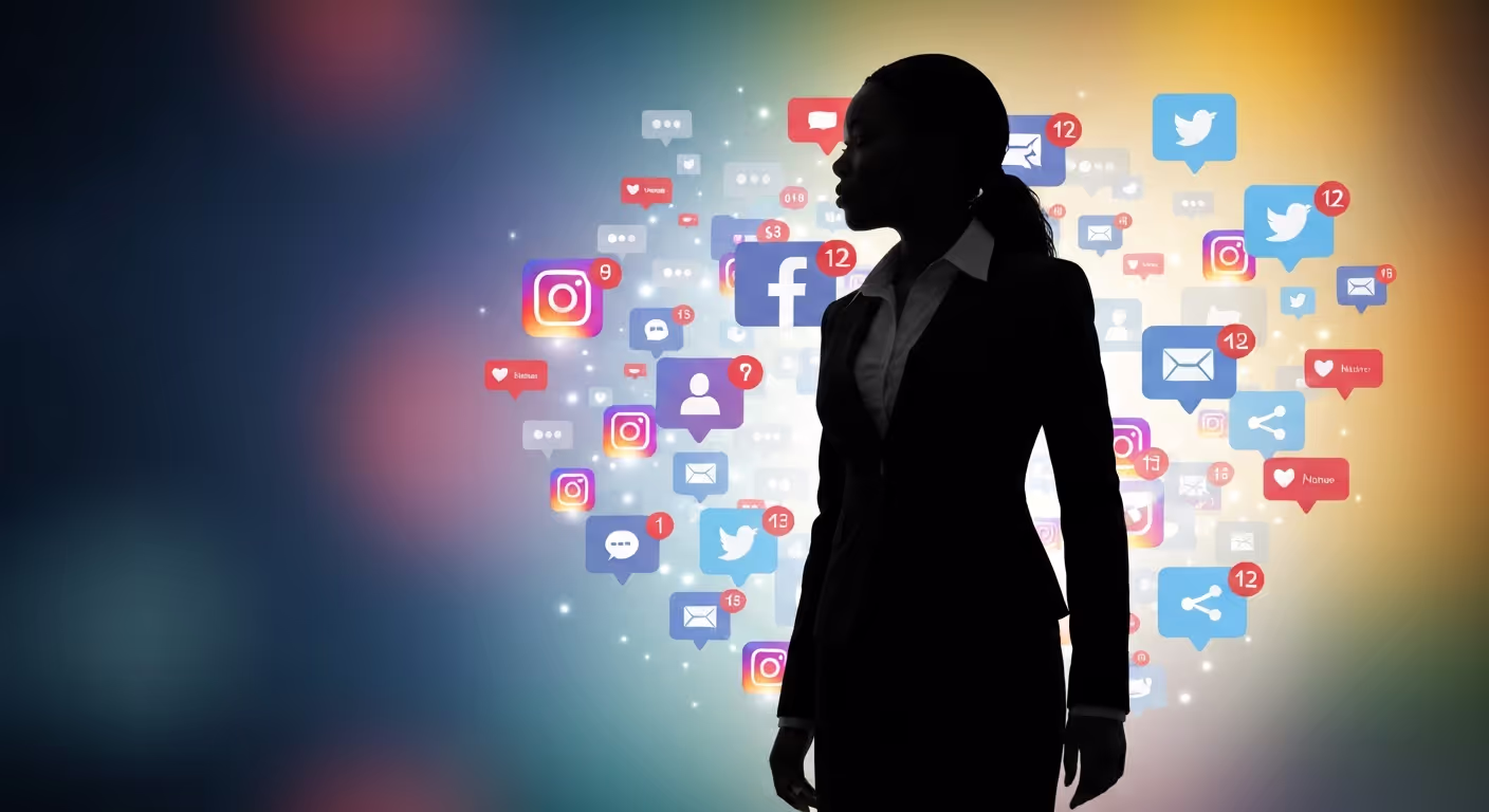 A silhouette of a woman in a business suit stands against a vibrant background filled with various social media notification icons, including Instagram, Facebook, Twitter, message, like, and share symbols, many with red notification numbers. The icons appear to glow, creating a digital cloud around her.