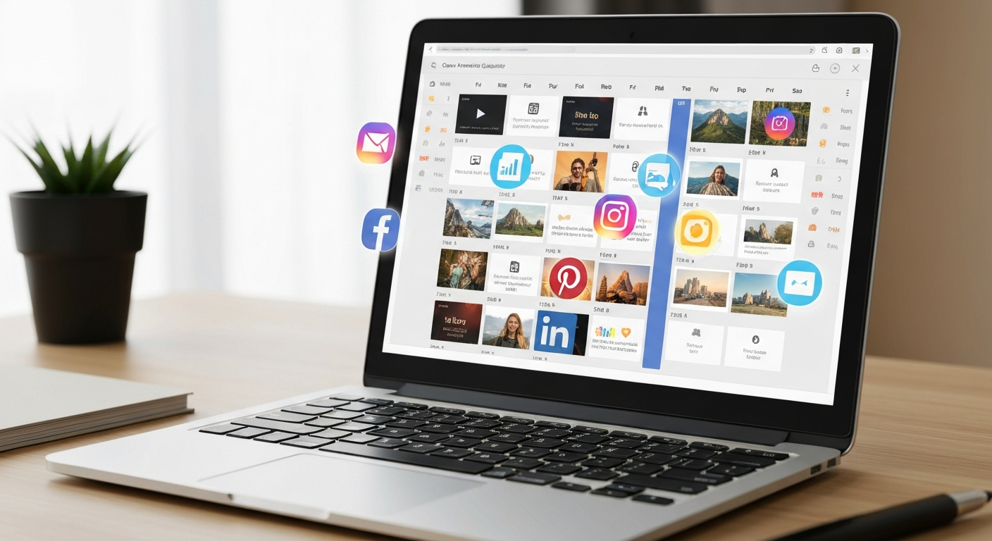 A silver laptop displays a social media content management interface with a grid of images, posts, and logos for platforms like Instagram, Pinterest, and LinkedIn. Floating icons for email, Facebook, Instagram, and analytics hover around the screen. The laptop rests on a wooden desk alongside a potted plant, a notebook, and a pen, with a blurred white background.