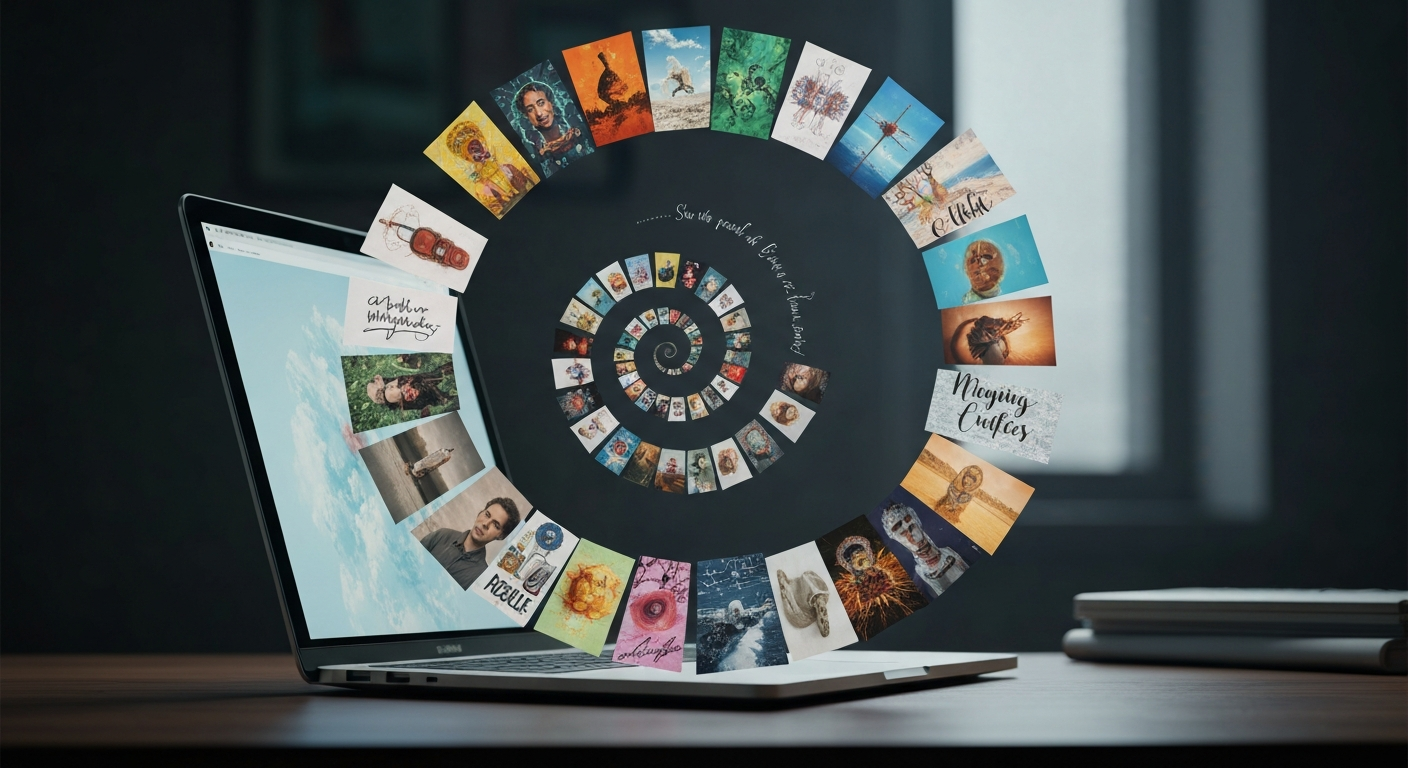 A laptop on a dark desk displays a website with images, from which a large spiral of numerous small, diverse artworks and photos emanates into the dark background. The spiral tightens towards its center, where faint white text is visible, suggesting a digital portfolio or creative display.