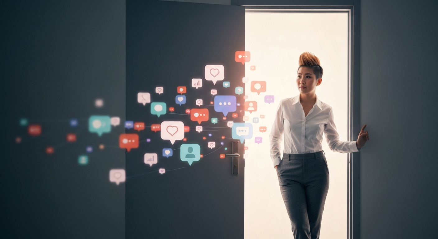 A woman with a spiky blonde hairstyle stands in a bright doorway, looking towards a dark room. From the doorway, a stream of colorful social media icons, including hearts, speech bubbles, and profile symbols, emanates and spreads into the dark space on the left.