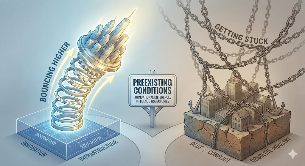 An illustration contrasting two urban environments, separated by a sign that reads 'PREEXISTING CONDITIONS - FOUNDATIONAL DIFFERENCES INFLUENCE TRAJECTORIES'. On the left, a modern city skyline is atop a glowing spring, labeled 'BOUNCING HIGHER', supported by a transparent base with text 'INNOVATION', 'EDUCATION', and 'INFRASTRUCTURE'. On the right, an older, smaller city is depicted on a cracked landmass, heavily bound by large chains and anchors, labeled 'GETTING STUCK', with the base labeled 'DEBT', 'CONFLICT', and 'OBSOLETE INDUSTRY'.