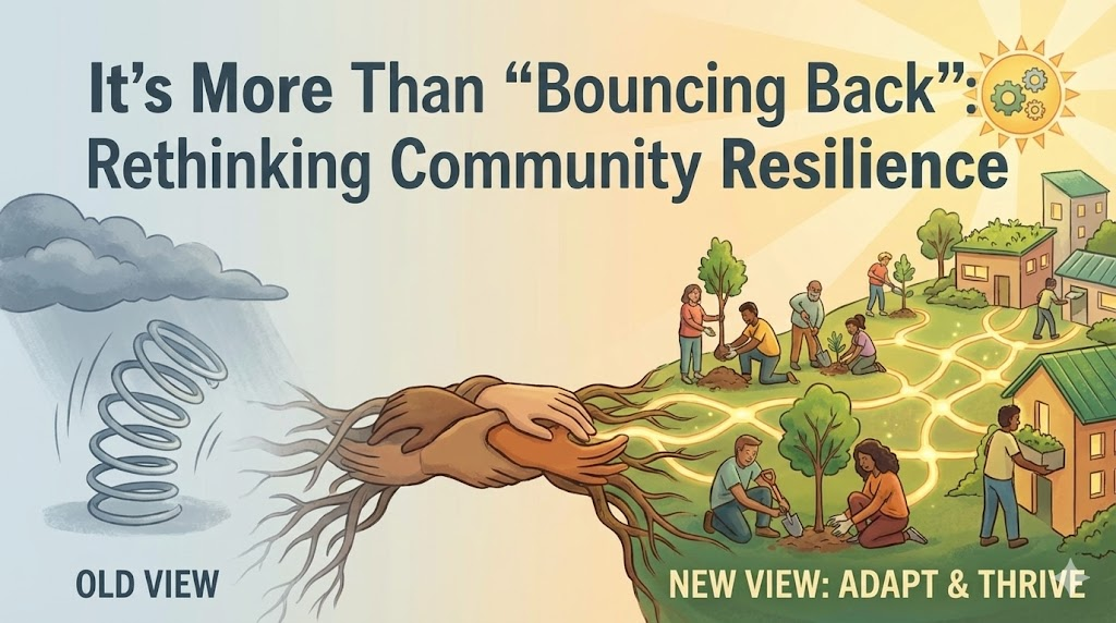 An illustration contrasting two views of community resilience. The top text reads: 'It's More Than 'Bouncing Back': Rethinking Community Resilience.' The left side, labeled 'OLD VIEW,' shows a dark storm cloud raining on a compressed metal spring, which transitions into gnarled, brown roots. The right side, labeled 'NEW VIEW: ADAPT & THRIVE,' depicts a bright, sunny sky with a sun icon containing gears, symbolizing innovation. The gnarled roots transform into a bridge of diverse hands clasped together, which then branches into lush green roots forming the landscape of a thriving community. This community features people planting trees, houses with green roofs, and glowing interconnected paths, representing growth, collaboration, and sustainability.