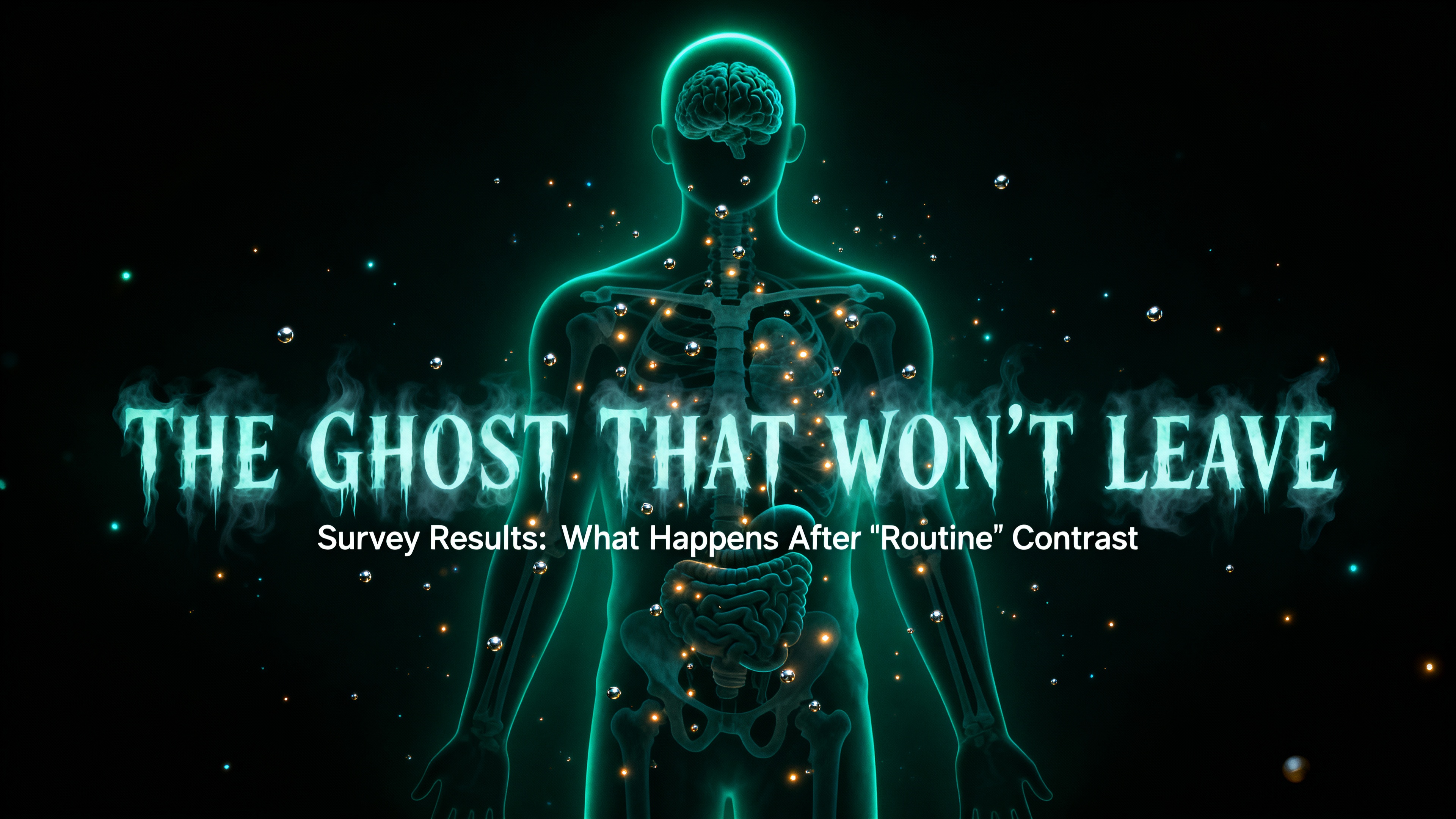 The ghost that won't leave Visual metaphor of a translucent apparition with organs visible through their skin, representing persistent symptoms and gadolinium retention after MRI contrast injection