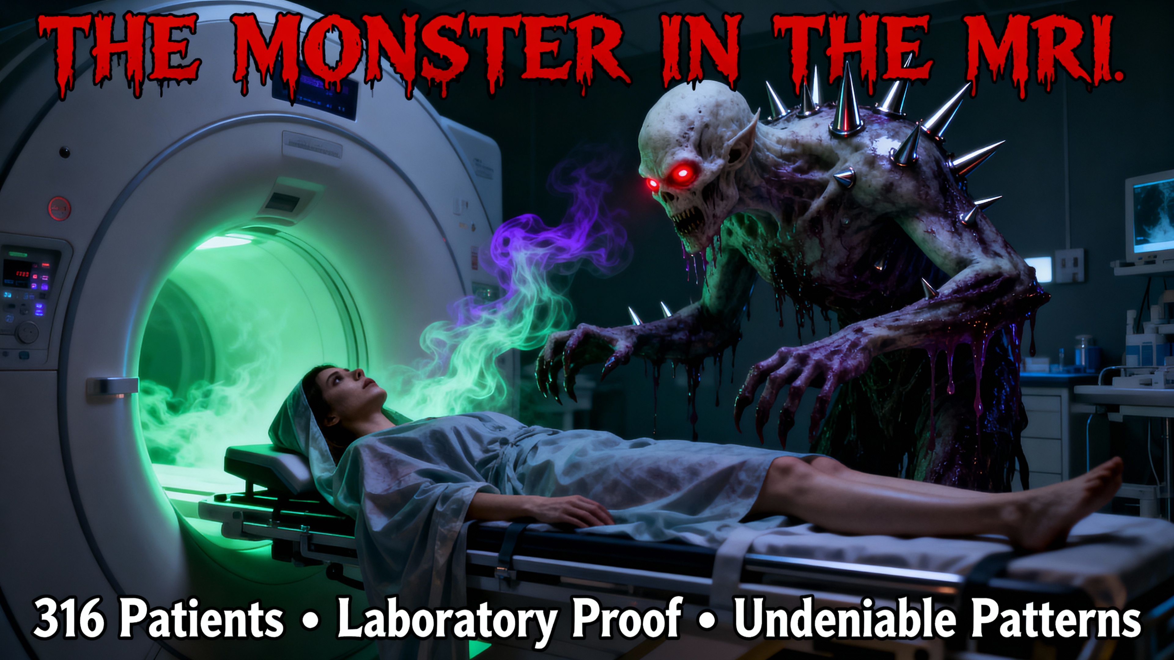 Horror-style poster in an MRI room: a skeletal, spike-covered monster with glowing red eyes leans over a patient on an MRI table as green and purple vapor pours from the scanner. Headline reads 'THE MONSTER IN THE MRI.' Bottom text: '316 Patients • Laboratory Proof • Undeniable Patterns.'