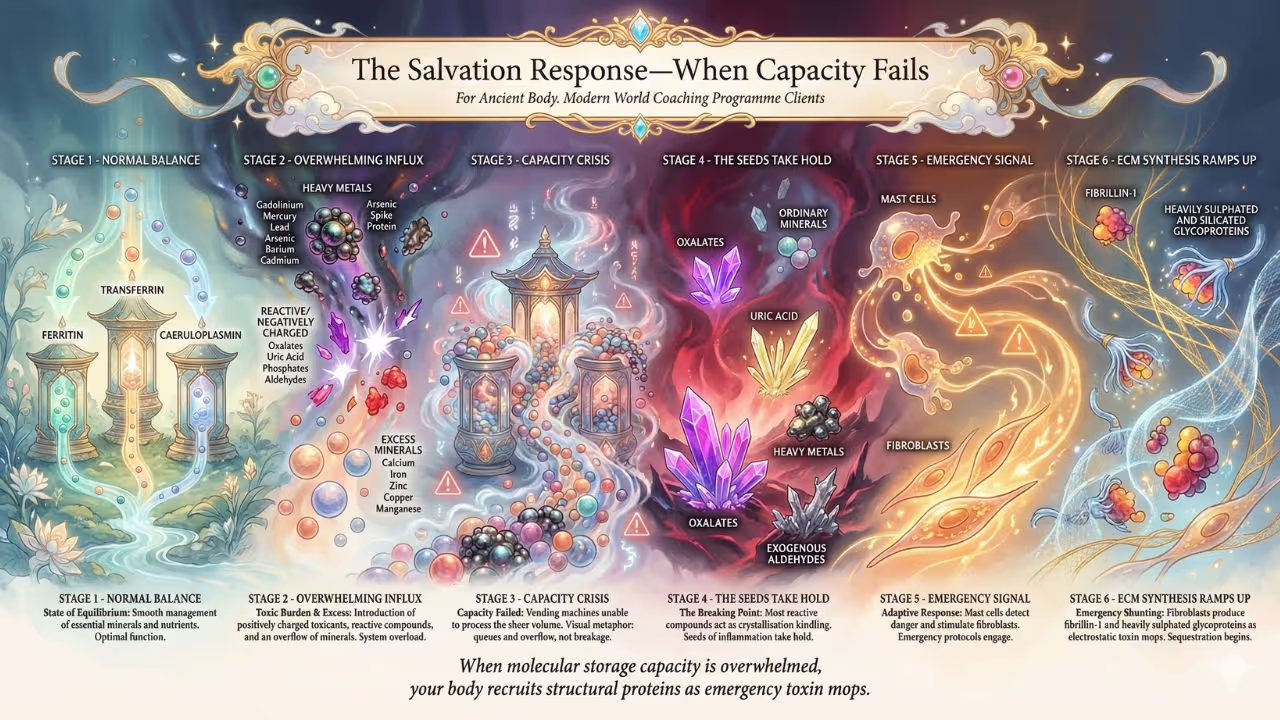 A painterly infographic showing the body's six-stage transition from normal mineral balance to an emergency response where proteins are recruited to sequester overflowing toxins.