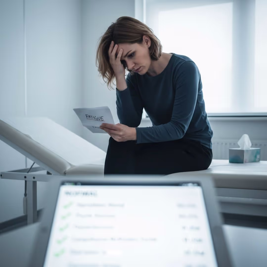 Photo of a woman holding piece of paper saying 'fatigue' in hospital explaining why someone might have normal blood tests but feel terrible due to the body sequestering toxins & nutrients in crystals.