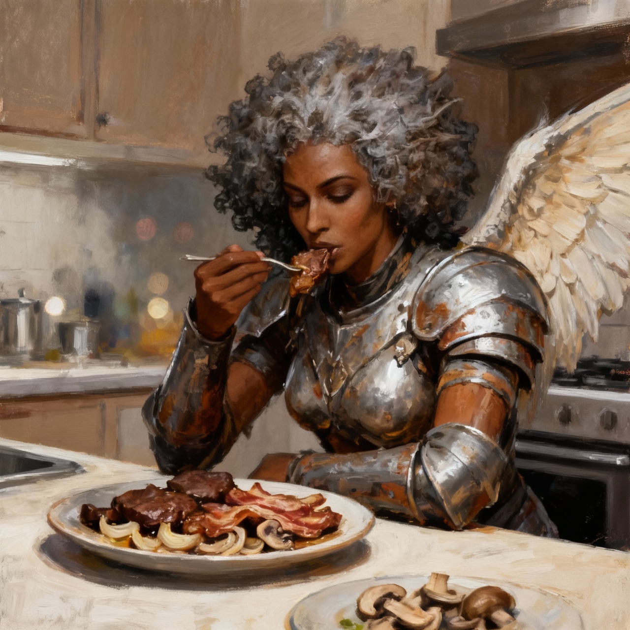 Painting of a curly‑haired winged warrior in tarnished plate armor eating at a kitchen counter, with plates of steak, bacon, onions, and mushrooms; a modern stove and cabinets in the background.