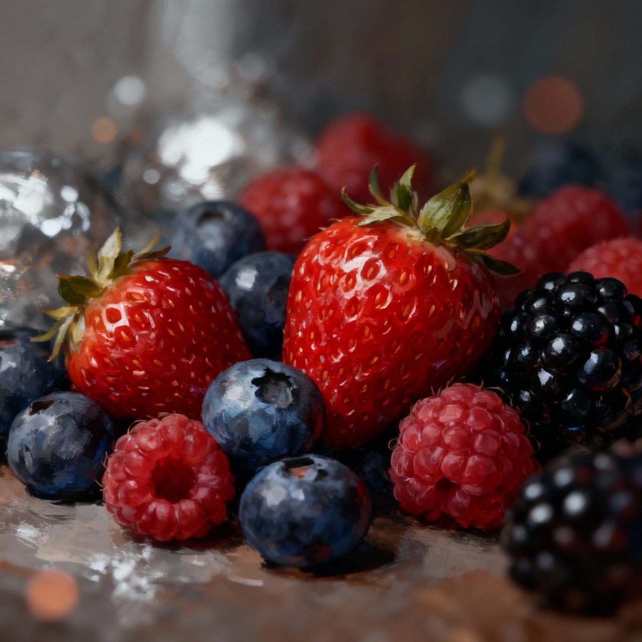 Close-up of assorted fresh berries—strawberries, blueberries, raspberries, and blackberries—on a reflective surface with soft bokeh in the background.