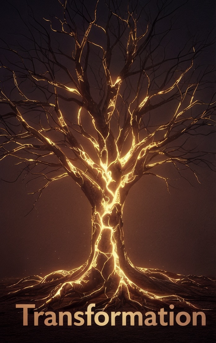 Roots absorbing golden light or water, cracks in bark filled with glowing repair. Symbol of transformation.