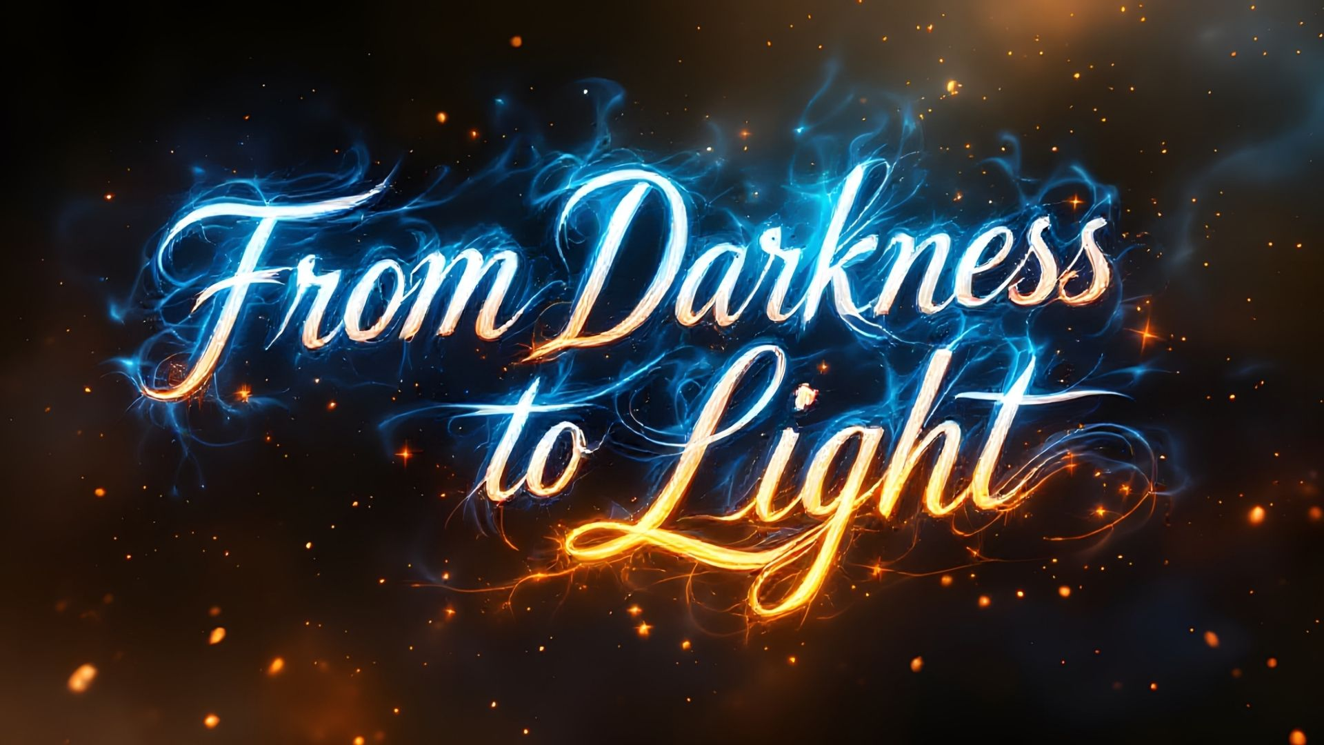 From darkness to light blue and gold flames and lightning on a background of dark smoke and bright sparks