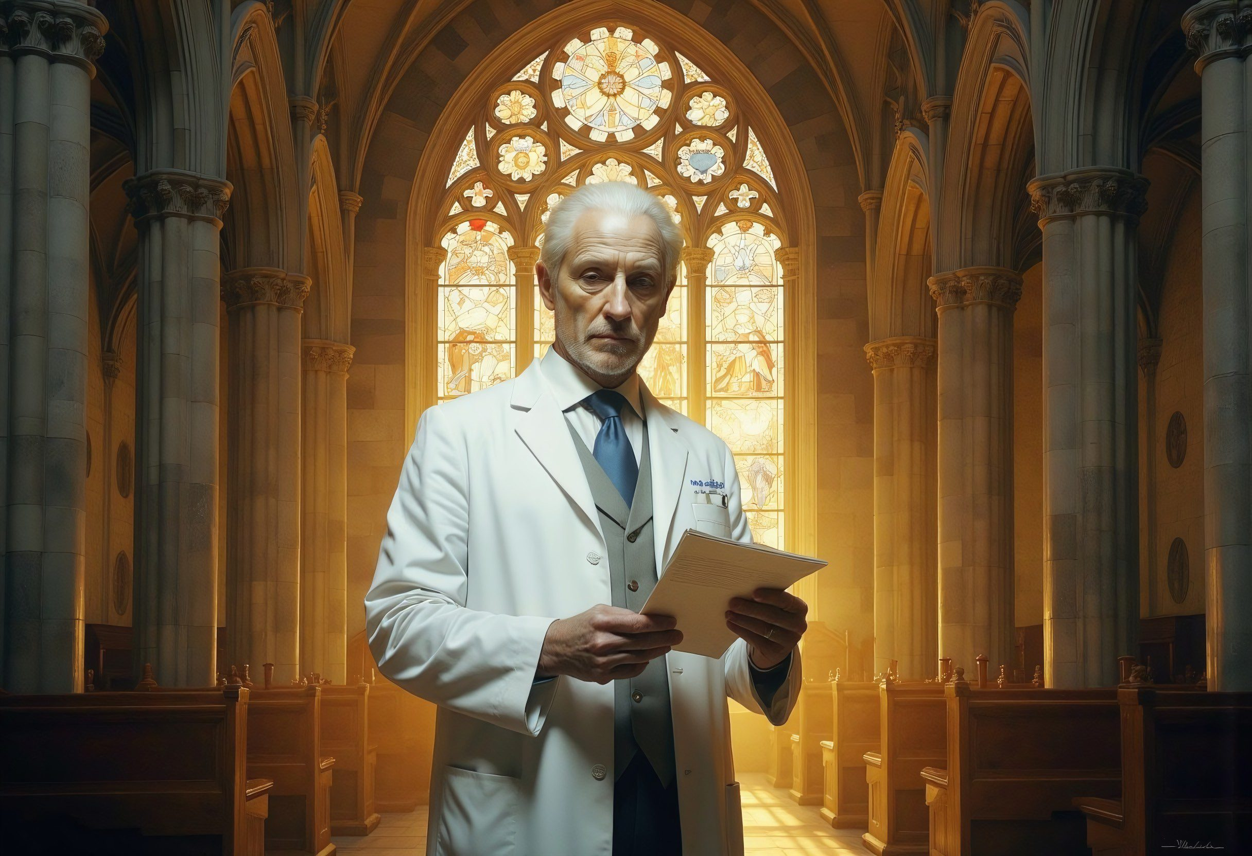 A stern doctor stands in a cathedral holding patient notes