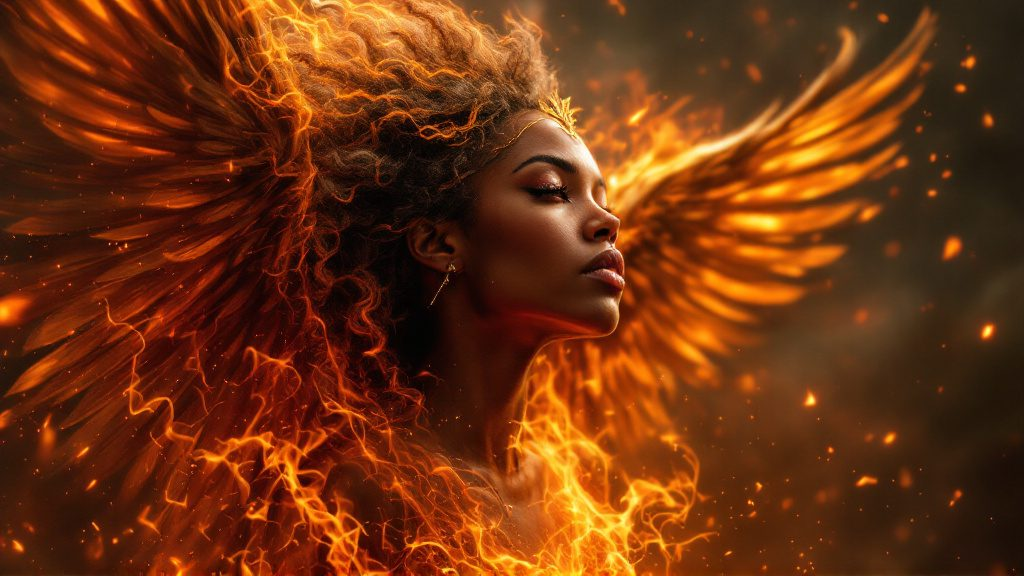 A Black woman in profile, her eyes closed in a serene expression. Her natural curly hair appears to be made of golden-orange flames that flow dramatically behind her. Fiery phoenix-like wings emerge.