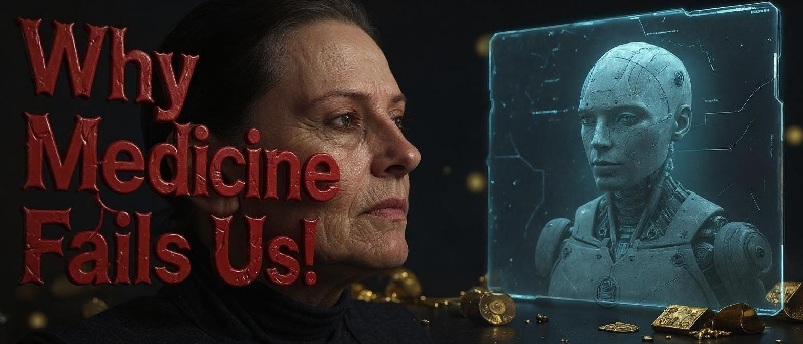Woman's face next to a robotic AI hologram and text 'Why Medicine Fails Us!'.