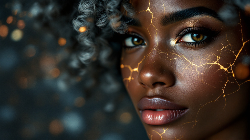 Portrait of a woman with glowing golden cracks on her face, symbolizing gadolinium toxicity symptoms treatment.