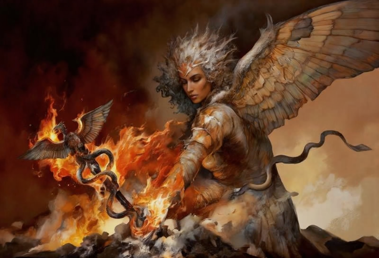 a phoenix-like woman holding a burning medical staff, symbolizing the transformative healing journey from gadolinium toxicity.