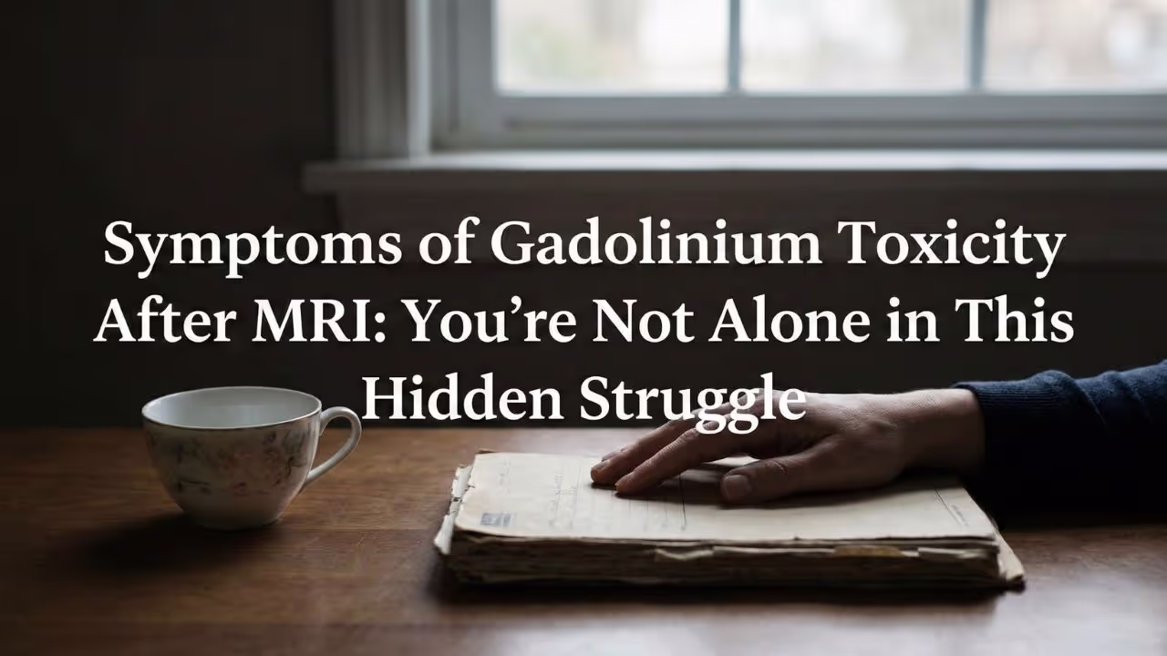 Moody photo of a hand resting on a stack of papers on a wooden table beside a teacup, with a window in the background; overlaid text reads: 'Symptoms of Gadolinium Toxicity After MRI: You're Not Alone in This Hidden Struggle'.