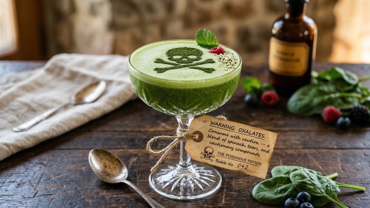 Green smoothie in glass with a skull and crossbones design, matcha powder on top, alongside a vintage apothecary tag reading 'Warning: Oxalates — a blend of spinach, tears, and cautionary compounds' 