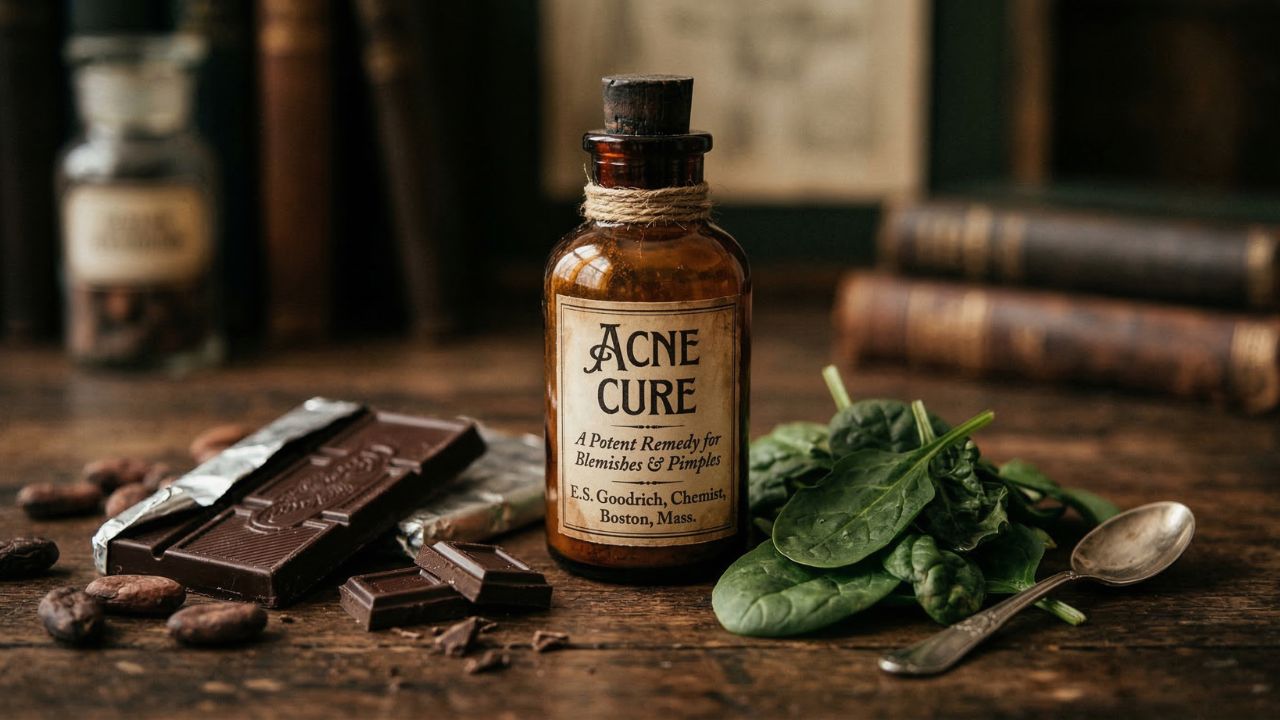 Vintage apothecary bottle labelled 'Acne Cure — A Potent Remedy for Blemishes & Pimples' displayed beside dark chocolate pieces, cocoa beans, fresh spinach leaves, and an antique silver spoon on a dar