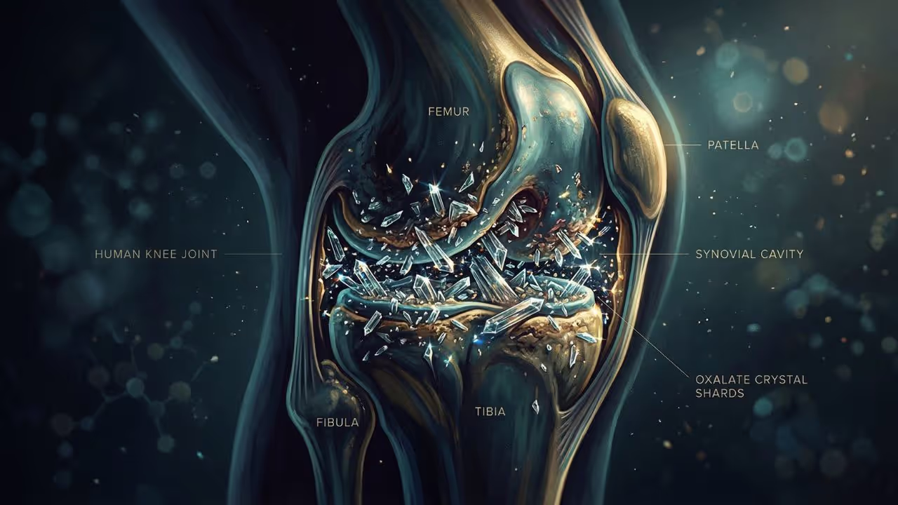 Anatomical illustration of human knee joint showing sharp, translucent oxalate crystal shards filling the synovial cavity between the femur, tibia, fibula, and patella, rendered in dark teal and gold