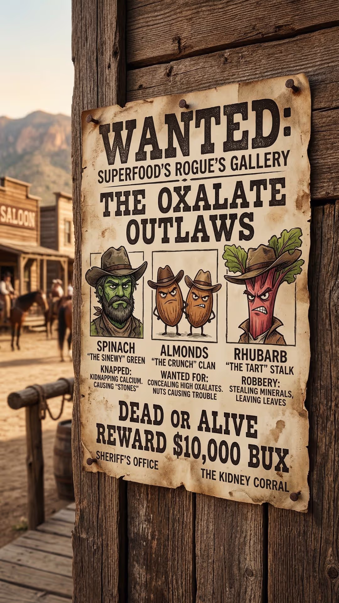 Wild West wanted poster titled 'Superfood's Rogue's Gallery: The Oxalate Outlaws' featuring cartoon mugshots of spinach, almonds, and rhubarb as cowboy outlaws, with crimes listed including kidnapping