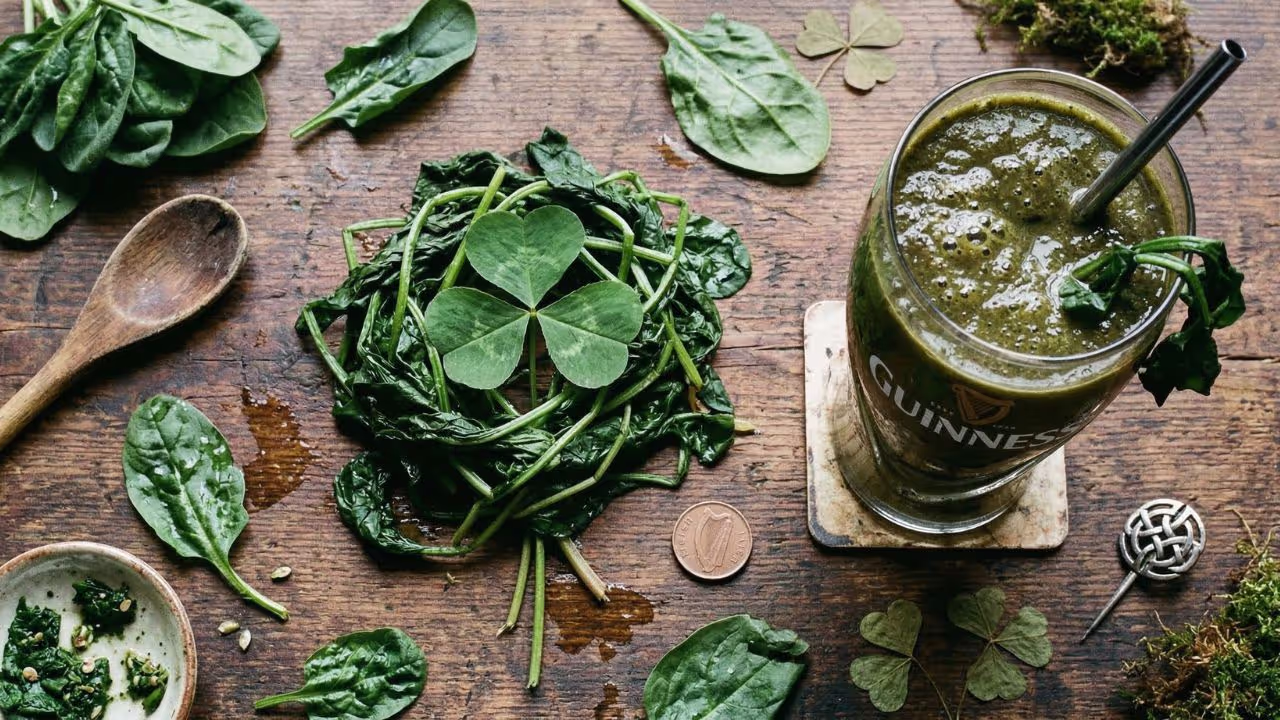 Overhead flatlay of wilted cooked spinach topped with shamrock/four-leaf clover, beside green smoothie in Guinness-branded glass, surrounded by fresh spinach leaves, seeds, a wooden spoon, moss, and a