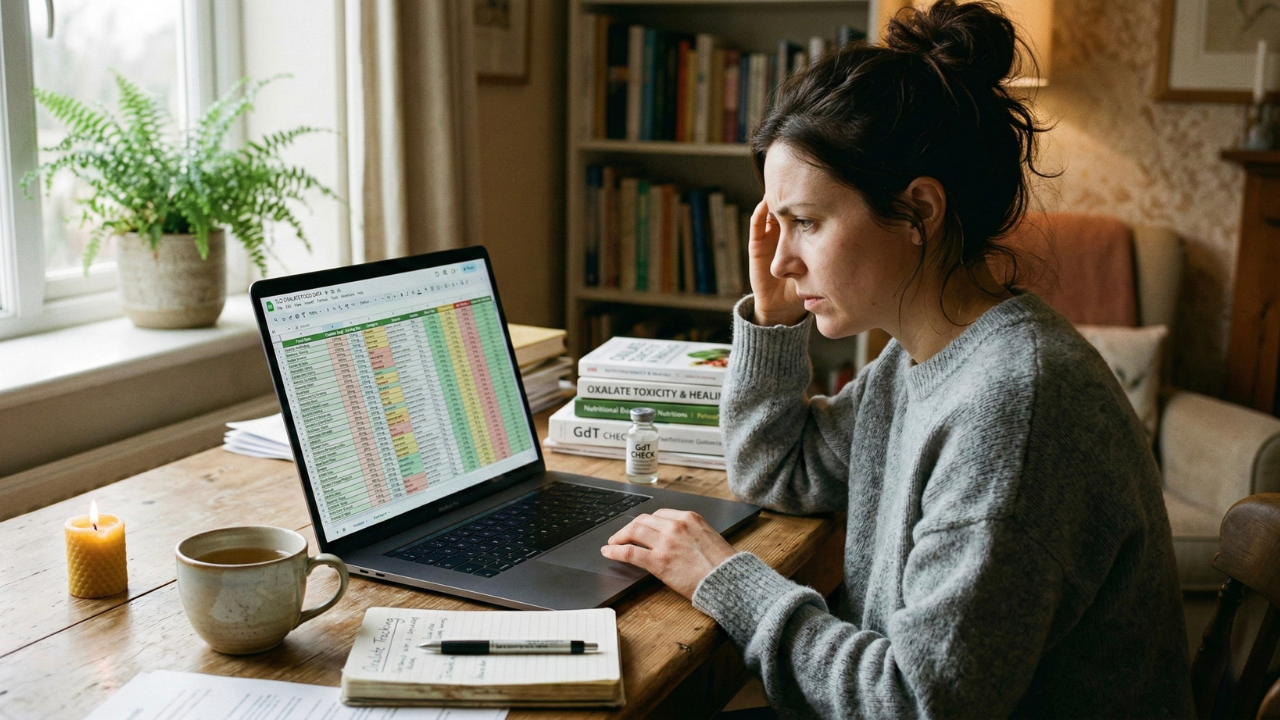 A woman tackling a blurred, complicated spreadsheet representing the cognitive fatigue and brain fog of tracking a low oxalate diet.