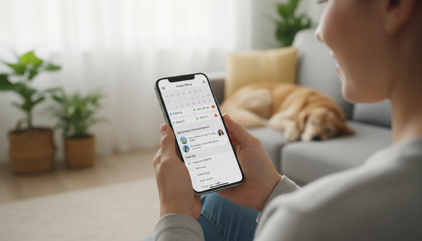 How do I use a mobile app to manage house sitting appointments and communications?