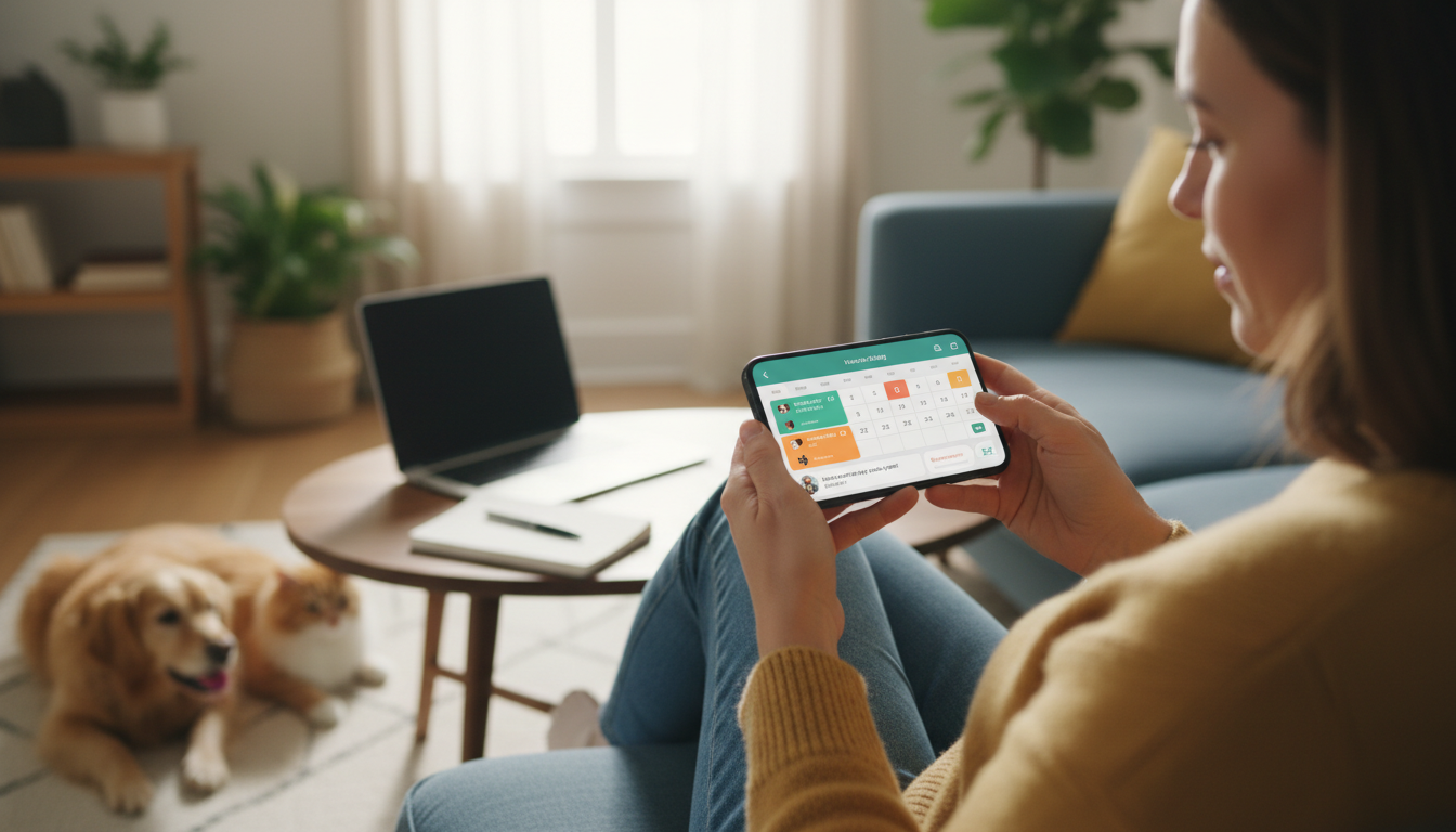 How do I use a mobile app to manage house sitting appointments and communications?