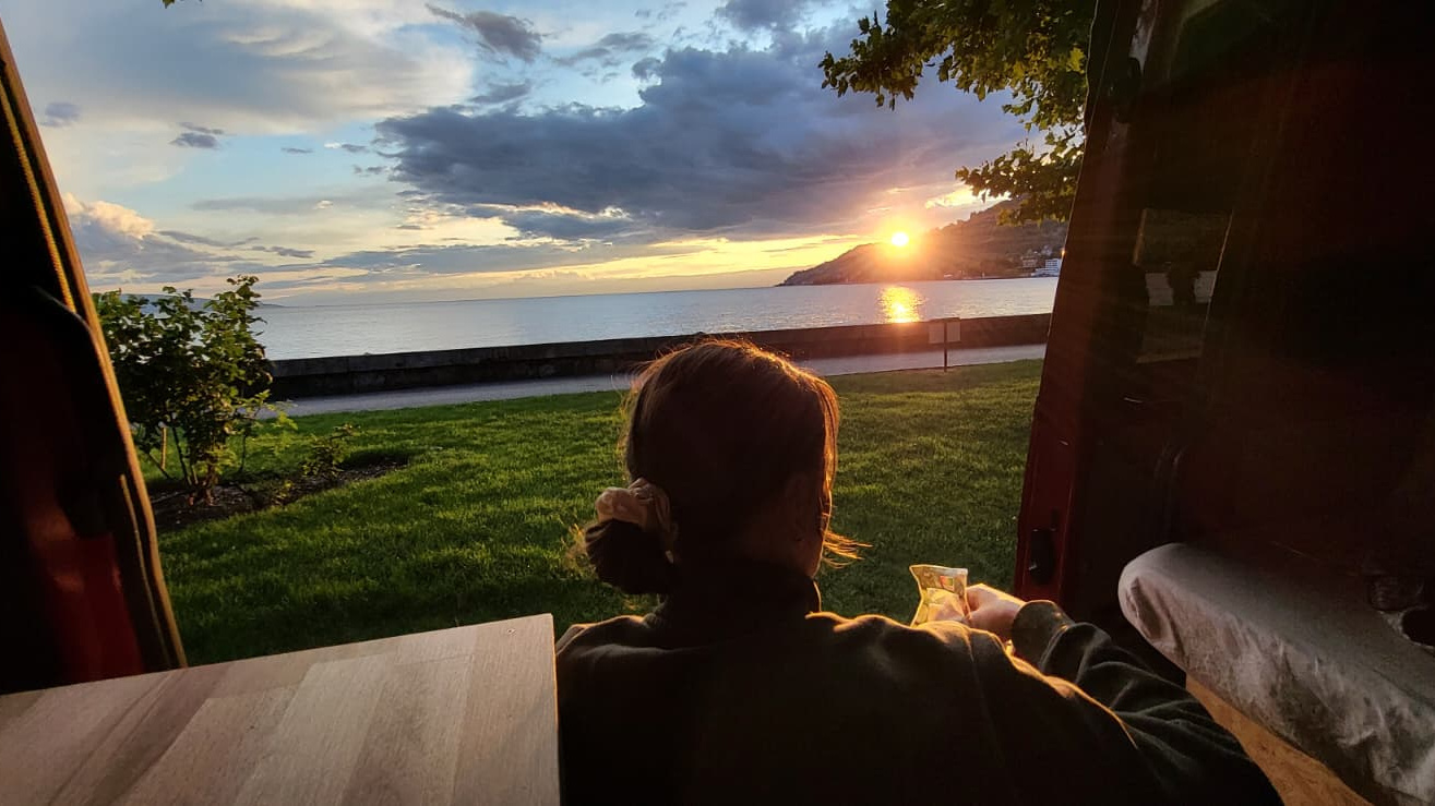 Caro in the campervan in Switzerland