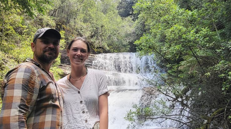 Konrad and Caro at a waterfall in Tasmania Konrad and Caro at a waterfall in Tasmania