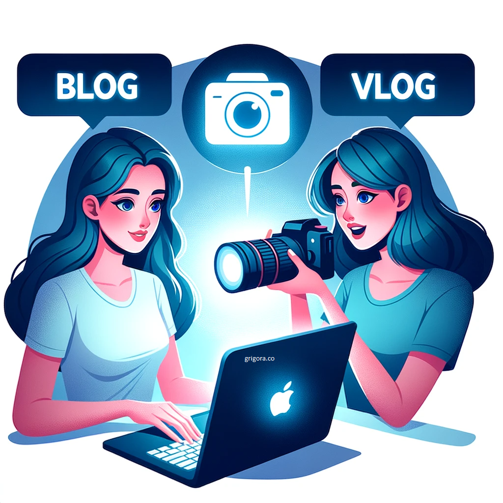 Photo of a young woman typing on her laptop with a 'Blog' label above her, while another woman speaks into a camera with a 'Vlog' label above her. Between them, a glowing Grigora logo demonstrates its