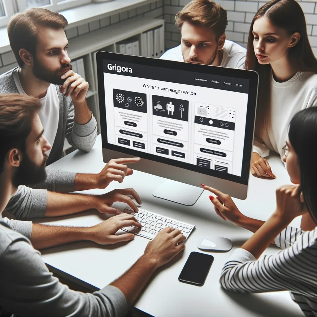 Photo of a focused team gathered around a computer screen. They're using the Grigora platform interface to design a campaign website, with drag-and-dr