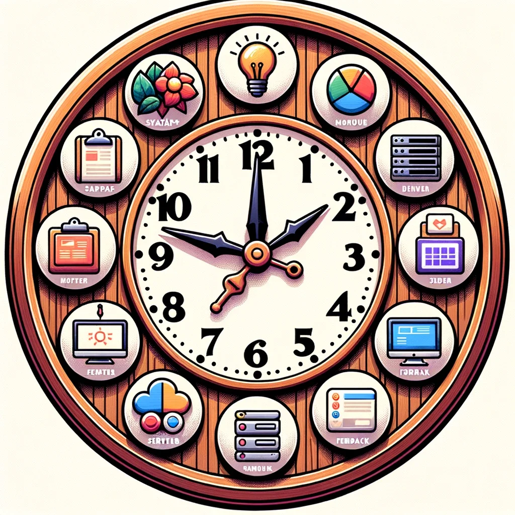 Illustration of a classic wooden clock face. Each hour position is replaced with vibrant website design symbols, such as a sketchpad, mouse cursor, server racks, and feedback forms..png