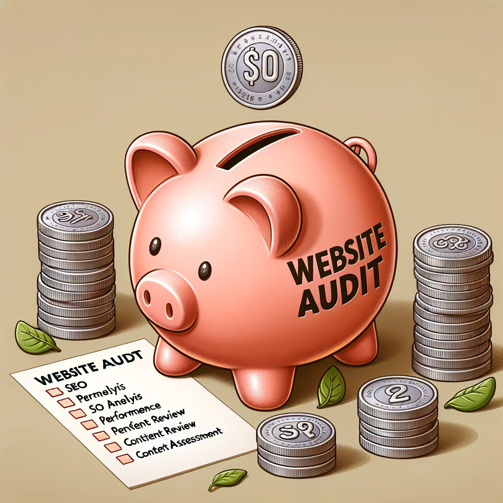 An illustration of a piggy bank labeled 'Website Audit' with coins representing different aspects of the audit.