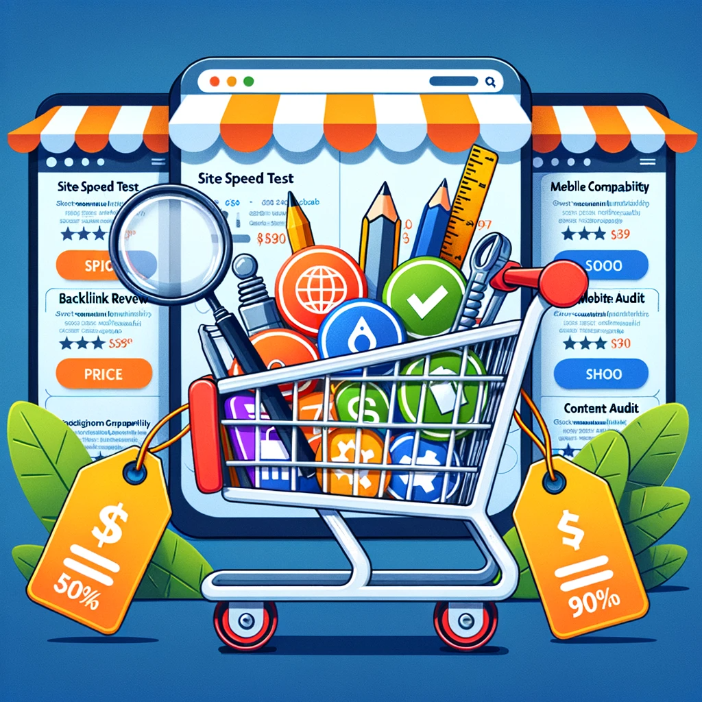 An illustration of a shopping cart filled with tools and icons symbolizing different website audit services