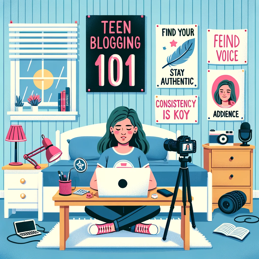 An illustration depicting a teen's bedroom where a young blogger is at work, surrounded by various blogging tips and tools.

