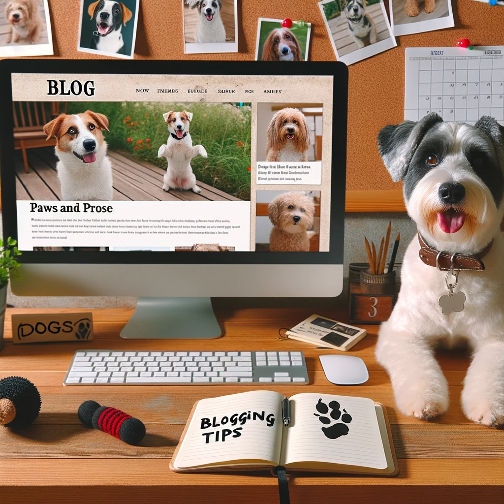 A photo depicting a wooden desk with a dog-themed blog displayed on a computer, complemented by blogging notes and a playful dog in the foreground.
