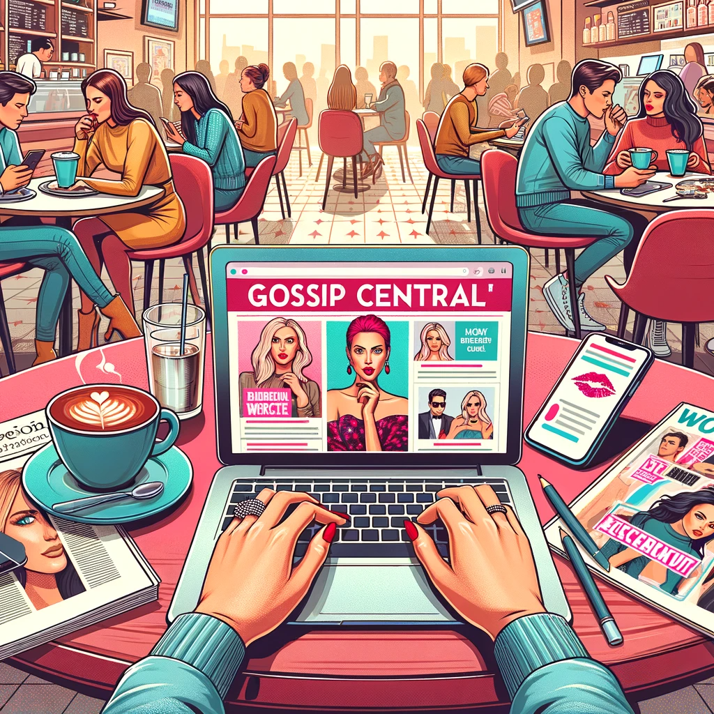 An illustration showcasing a trendy cafe setting with a blogger engrossed in her "Gossip Central" blog, surrounded by magazines and a smartphone indicating the buzz of the gossip world.
