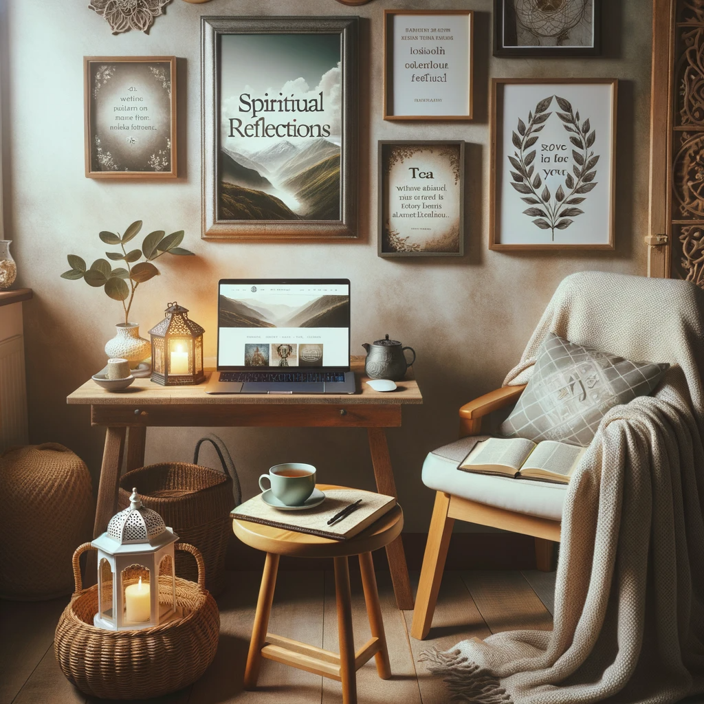 A photo of a cozy corner in a room, highlighting a laptop with a devotional blog, complemented by a journal and inspirational quotes on the wall.
