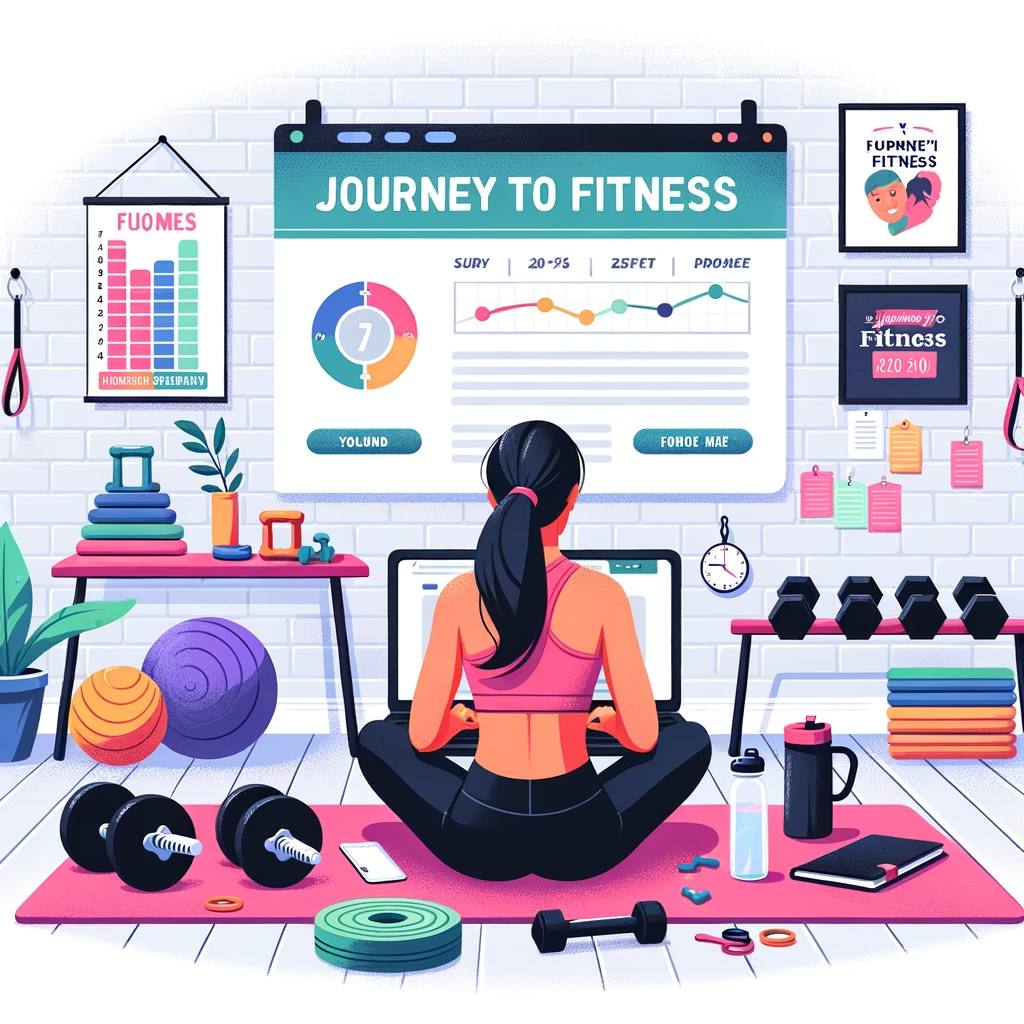 An illustration showcasing a home gym setting with a blogger on a yoga mat, a laptop displaying a fitness-themed blog, and various fitness gear and motivational elements.
