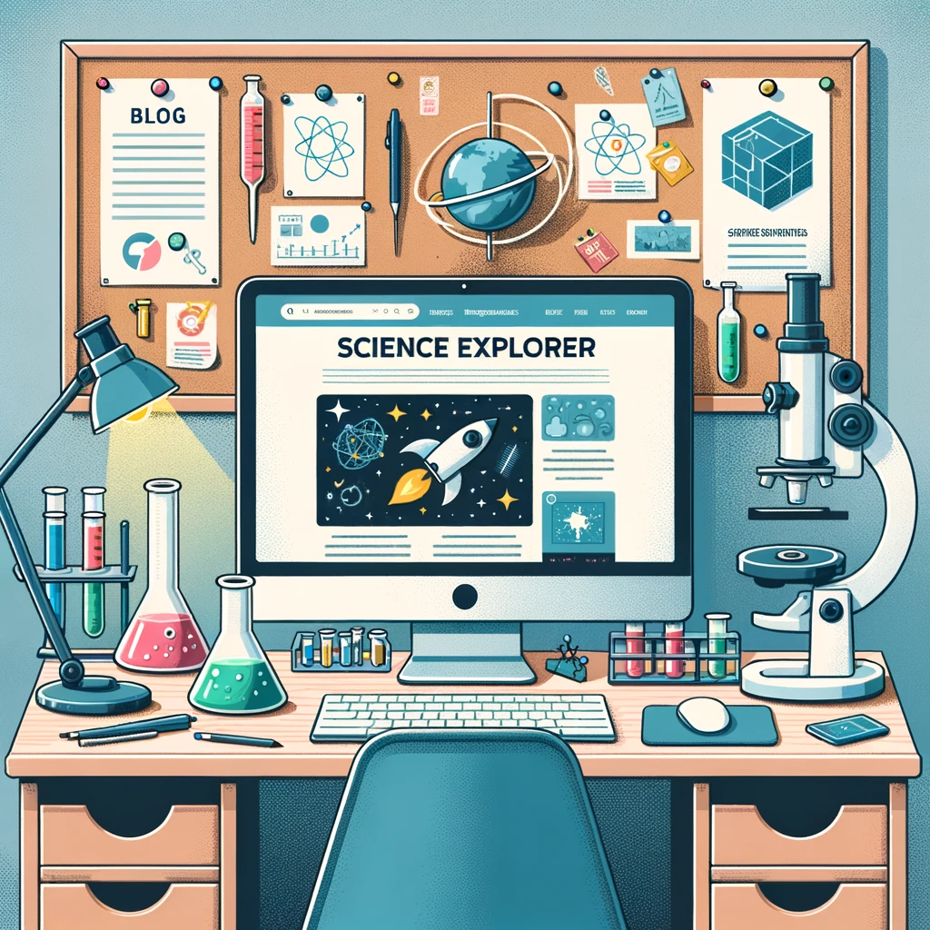 An illustration showcasing a modern home office with a computer displaying a 'Science Explorer' blog, surrounded by various science-themed items and a corkboard with pinned blog topics.
