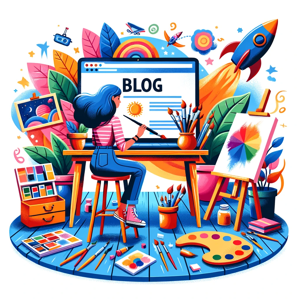 An illustration showcasing a vibrant art studio setting with a blogger engrossed in painting and a laptop displaying an art-centric blog. The surrounding art materials and a rocket symbolize the boomi