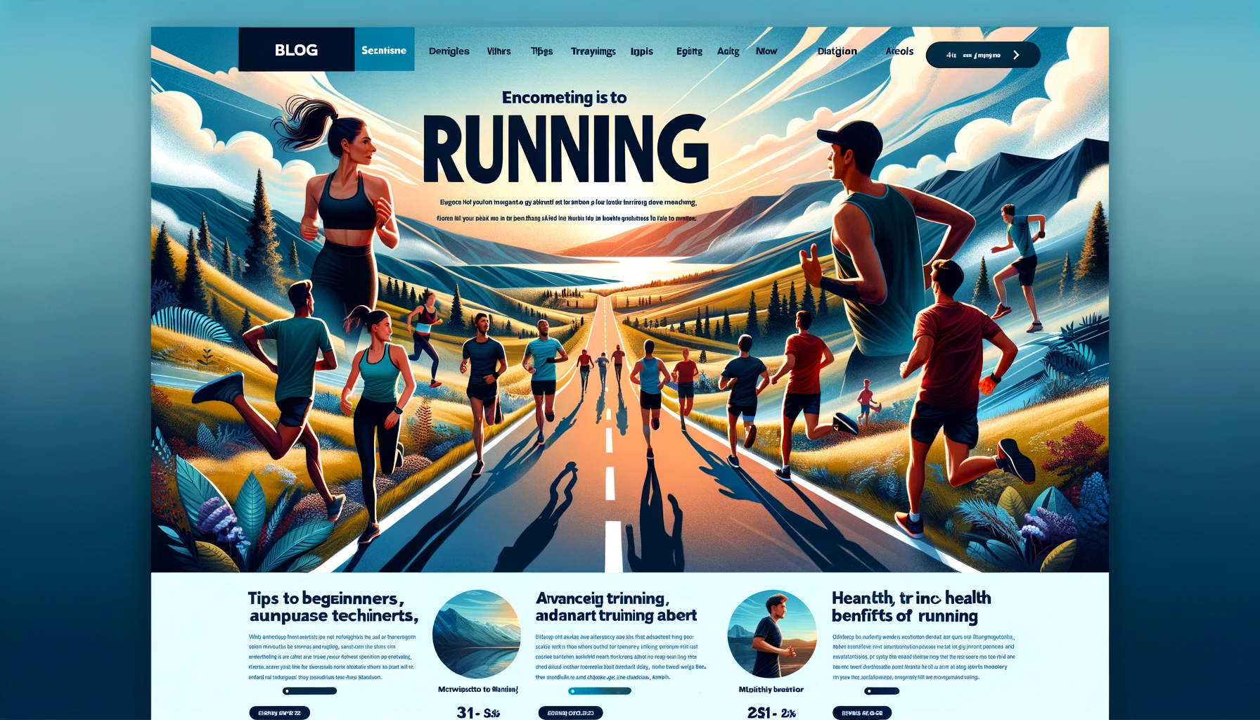 Digital artwork showcasing a concept for a running blog. The image features a sleek, modern interface with a large, vibrant image of a runner in motion, set against a blurred natural backdrop. Key web