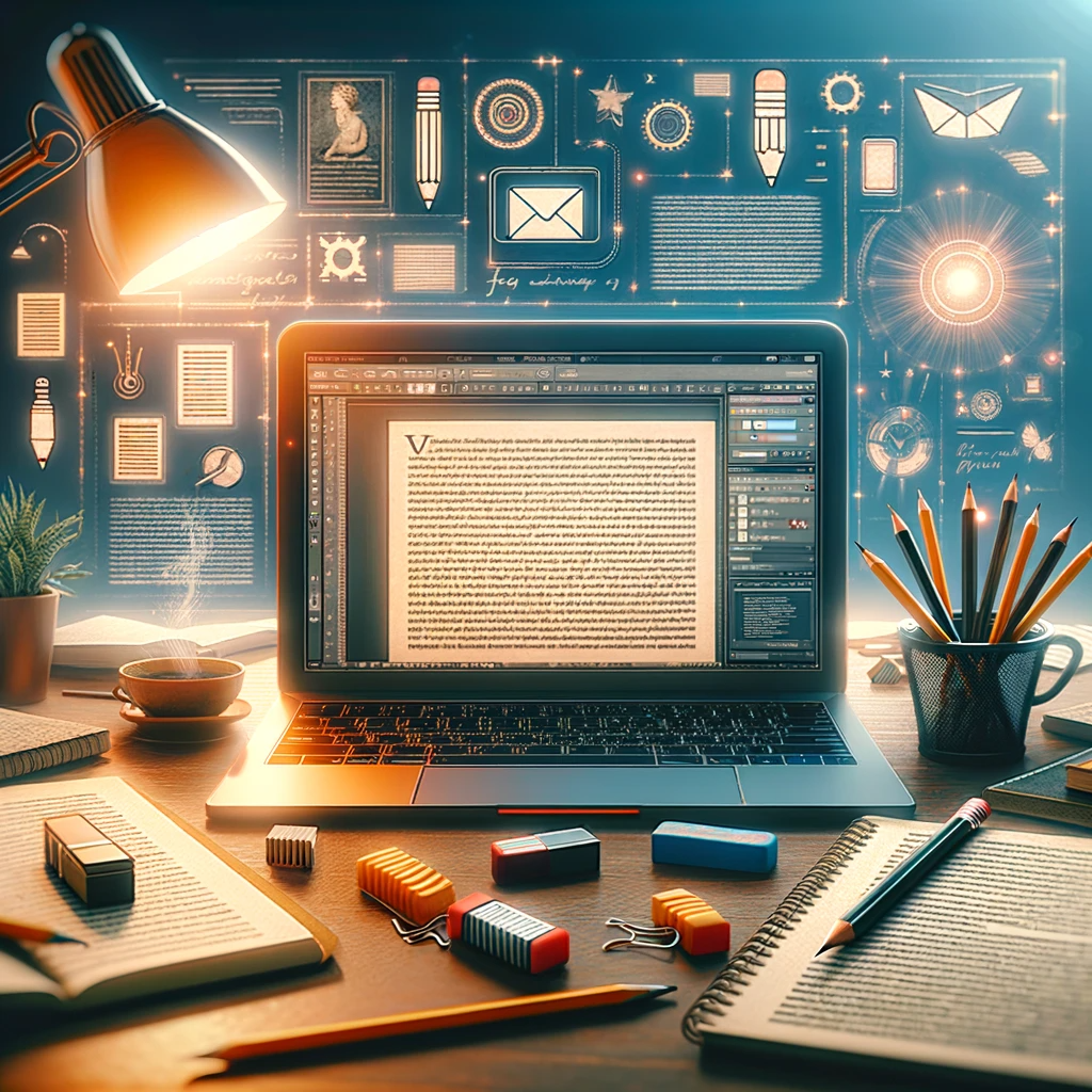Digital artwork depicting a blogger's workspace with a bright laptop displaying a draft blog post, surrounded by editing tools like pencils and erasers.