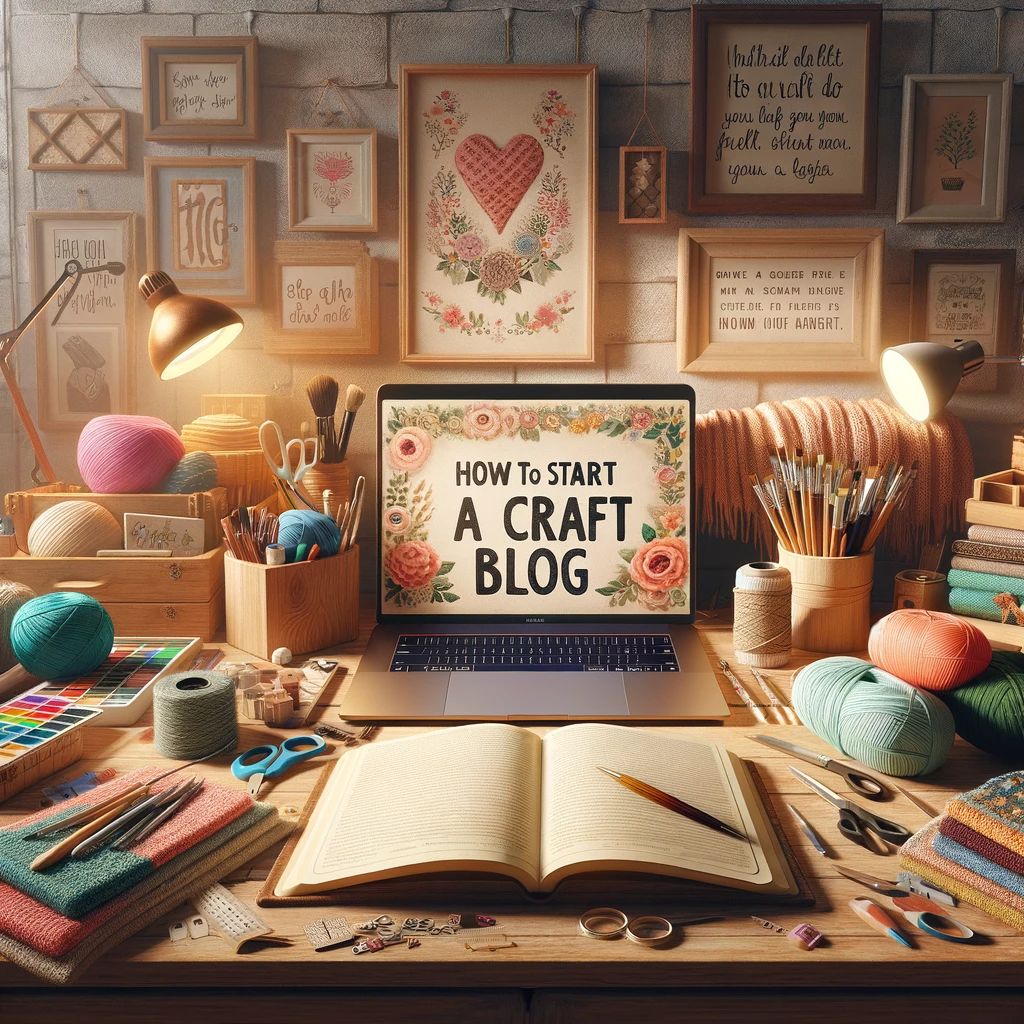 A warm and inviting crafting area, featuring a wooden desk strewn with various crafting supplies like colorful yarns, scissors, and fabrics, set against a backdrop of bright, natural light.