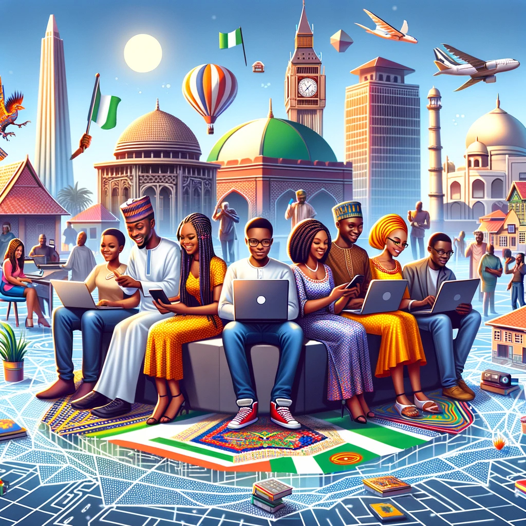 An image showcasing a diverse group of Nigerian bloggers in a vibrant, digital setting, possibly featuring elements like laptops, traditional Nigerian patterns, and a backdrop of famous Nigerian land